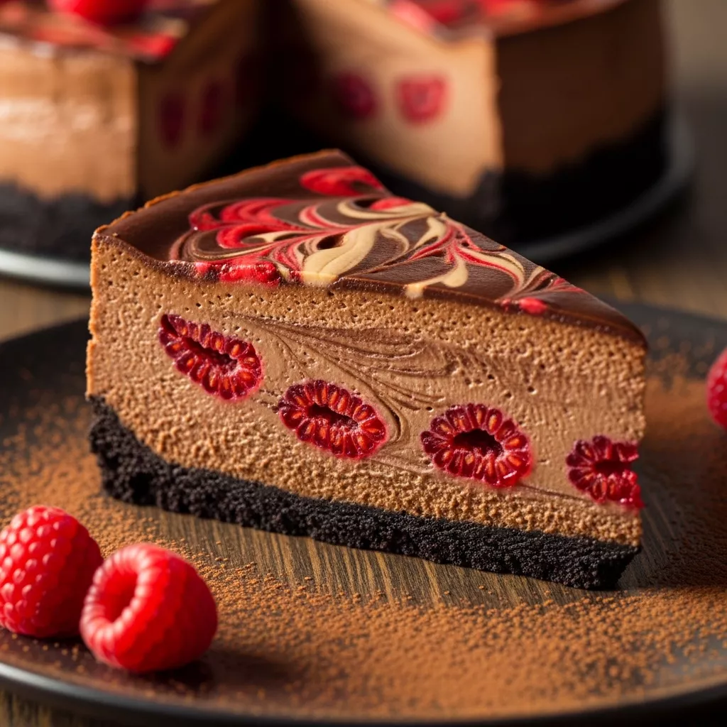 Macro close-up of a slice of Ultimate Dark Chocolate Raspberry Cheesecake with vibrant red swirls, rich dark chocolate, and a crisp chocolate cookie crust, garnished with fresh raspberries.
