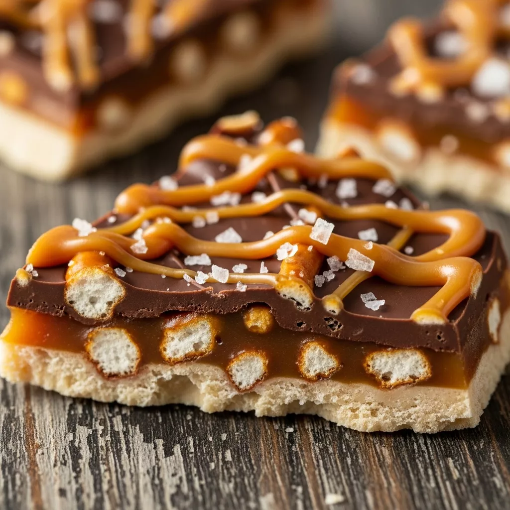 Macro close-up of a piece of Salted Caramel Pretzel Bark showing chocolate, pretzels, caramel, and sea salt