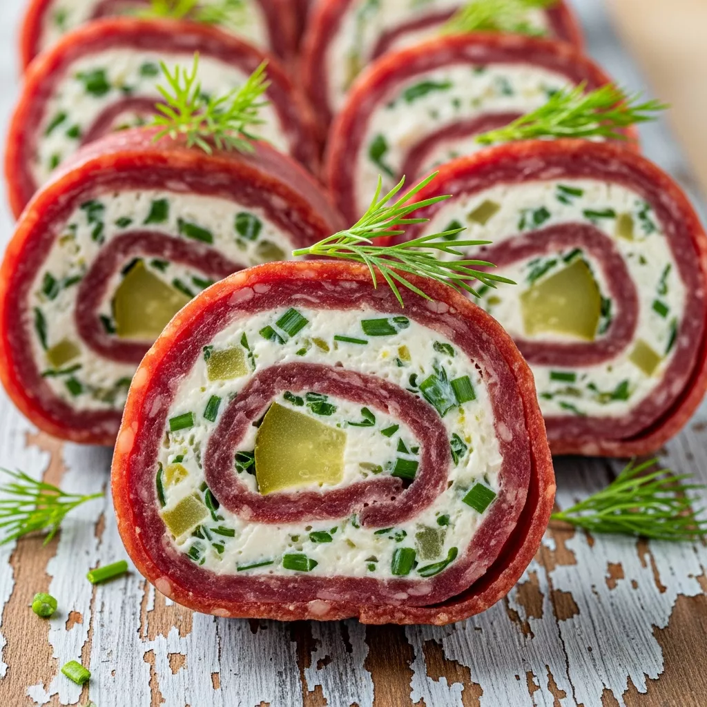 Macro close-up of Zesty Keto Beef Salami Pinwheels garnished with fresh dill on a rustic wooden board.
