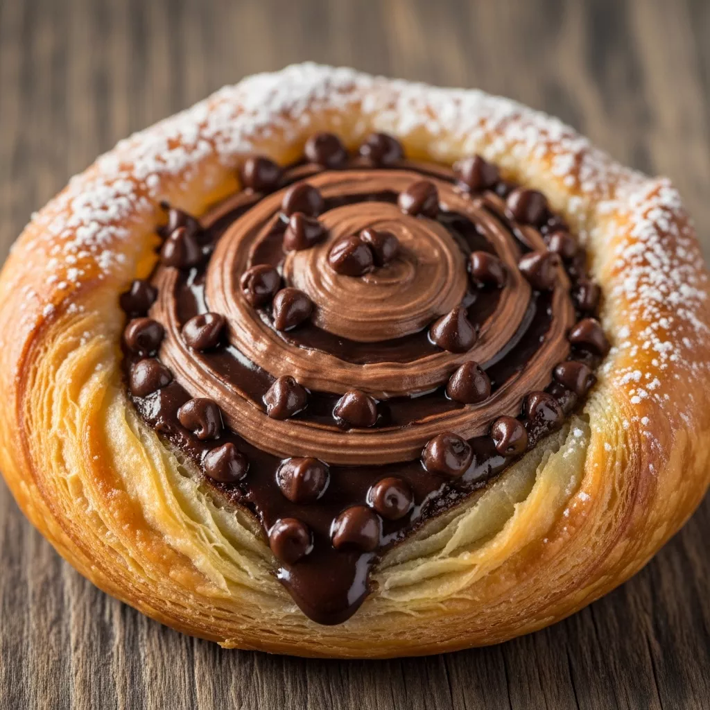 Macro close-up of a Decadent Flaky Chocolate Cream Cheese Danish, golden puff pastry, creamy chocolate swirl, melted chocolate chips, dusted with powdered sugar.
