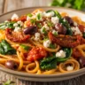 Close-up of vibrant Mediterranean One-Pot Pasta with tomatoes, olives, spinach, and feta