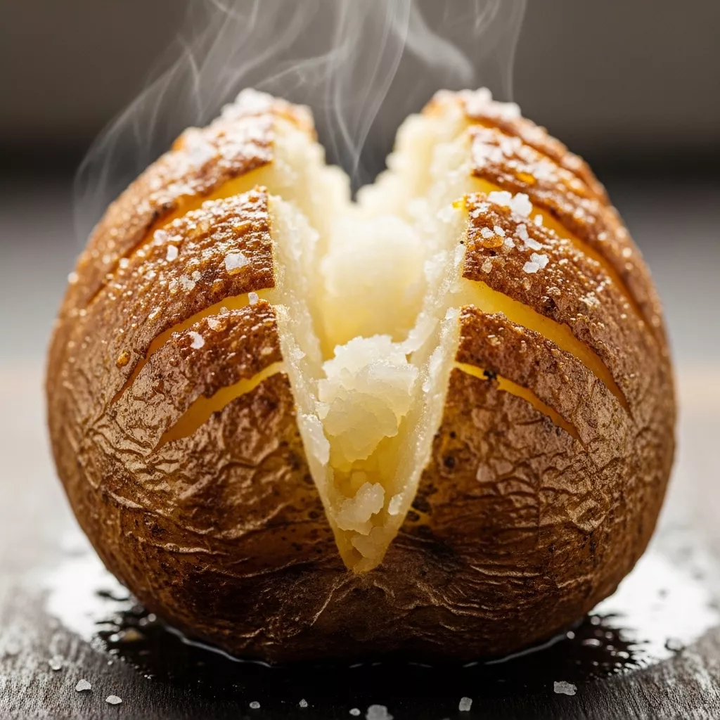 Macro close-up of a perfectly air fryer crispy baked potato, steam rising, golden crunchy skin and fluffy interior.