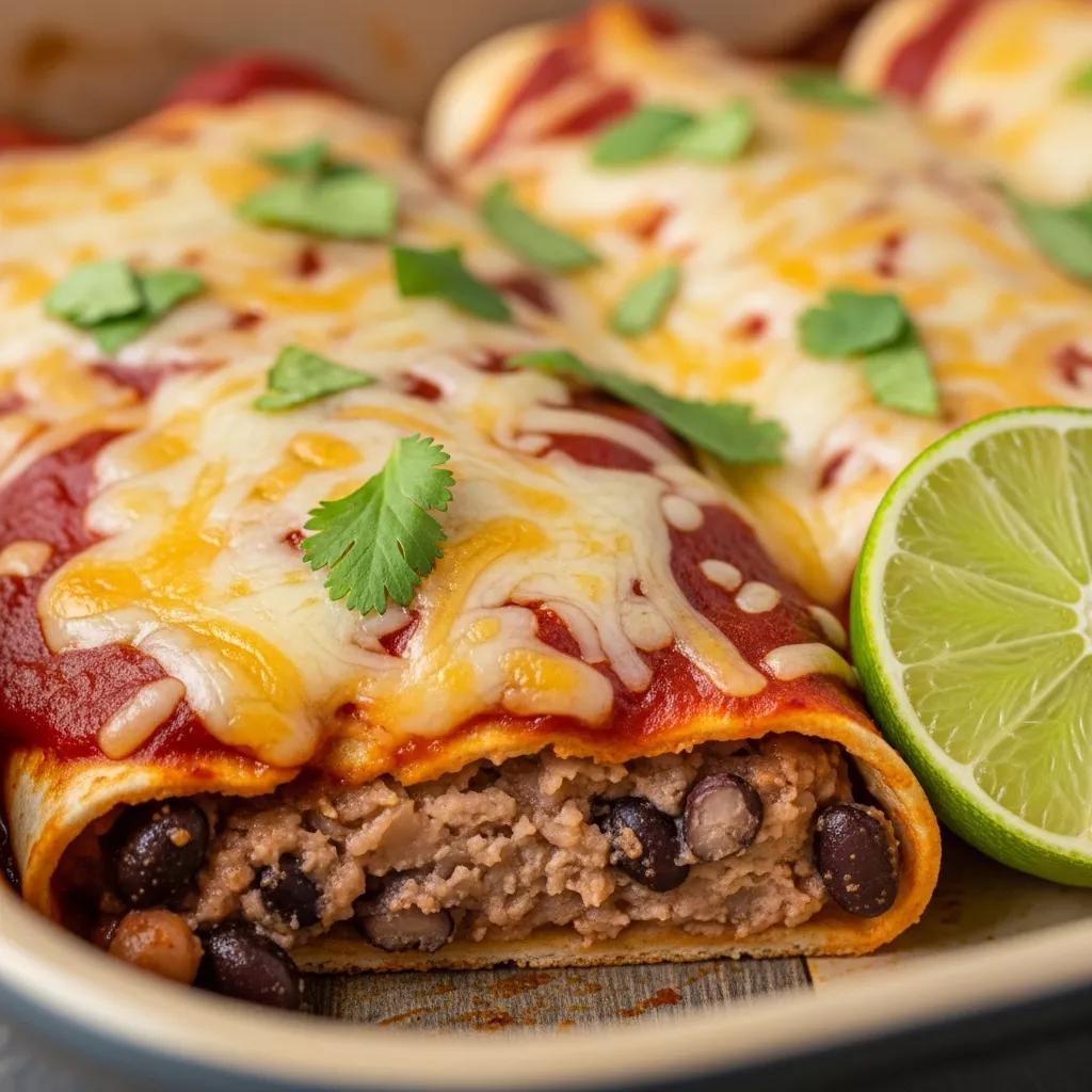 Macro close-up of a freshly baked black bean enchilada with melted cheese, red sauce, cilantro, and lime on a rustic wooden table.