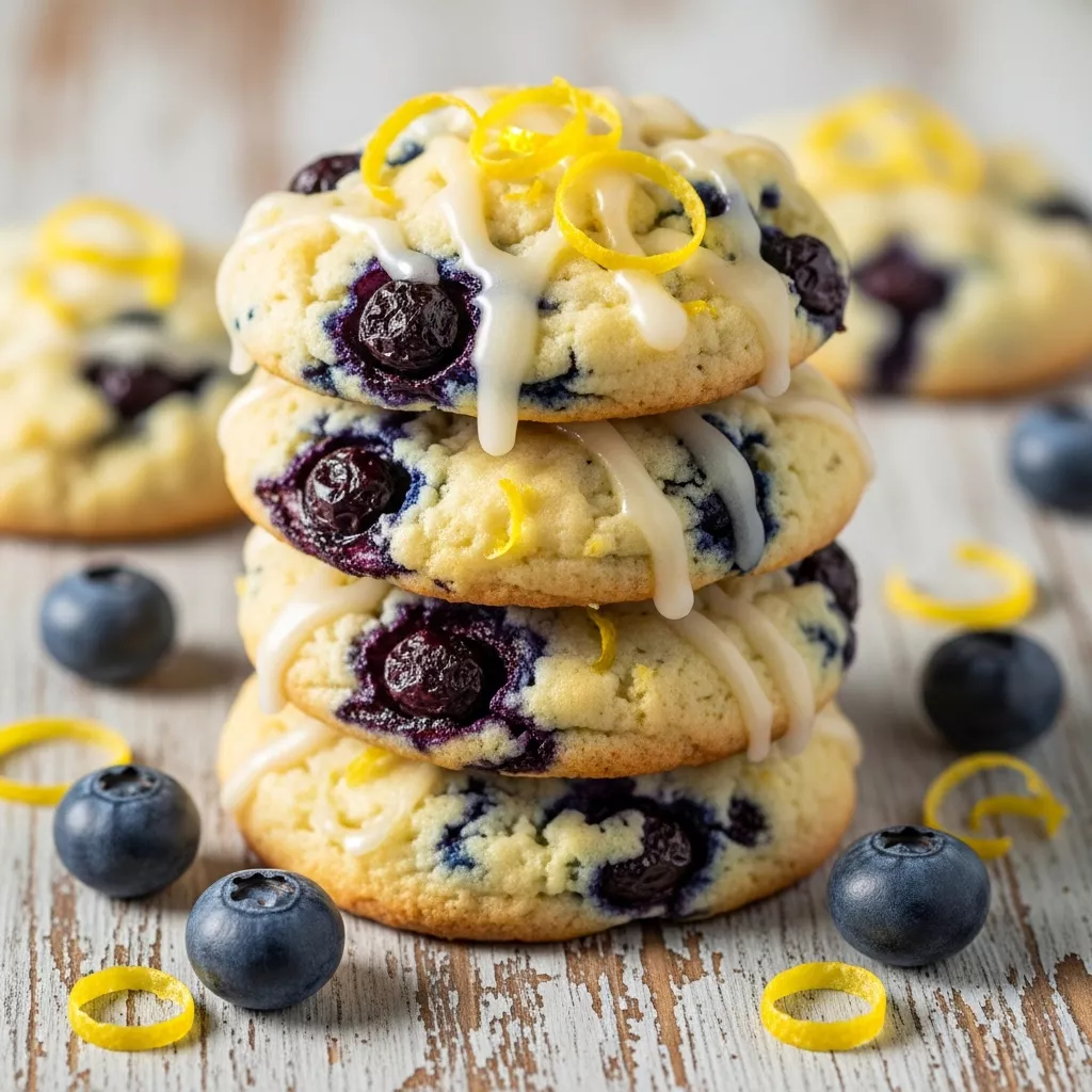 Macro close-up of golden-brown Zesty Lemon Blueberry Cheesecake Cookies with lemon glaze, fresh blueberries, and lemon zest on a rustic wood surface