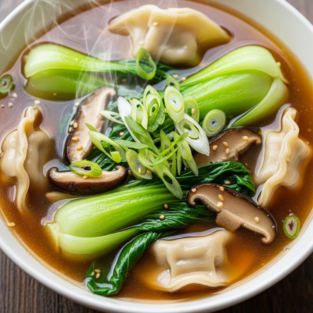 Macro close-up of steaming Quick Umami Potsticker & Bok Choy Harmony Soup with chicken potstickers, shiitake mushrooms, and baby bok choy.