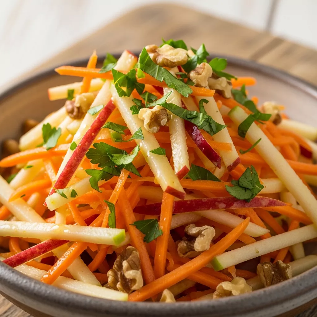 Macro close-up of vibrant Zesty Honey-Kissed Carrot Apple Slaw, showing shredded carrots, julienned apples, fresh parsley, and toasted walnuts coated in a glossy dressing in a rustic bowl.