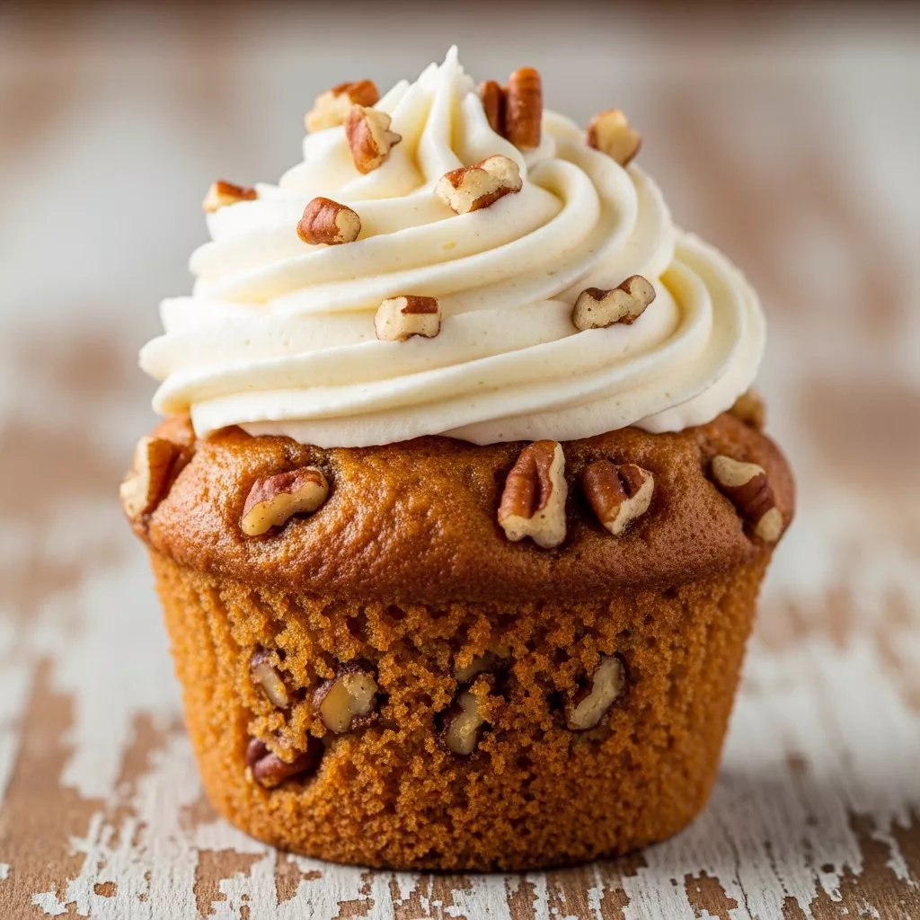 Macro close-up of a golden banana cinnamon pecan cupcake with creamy white cream cheese frosting and chopped pecans on a rustic wood surface.