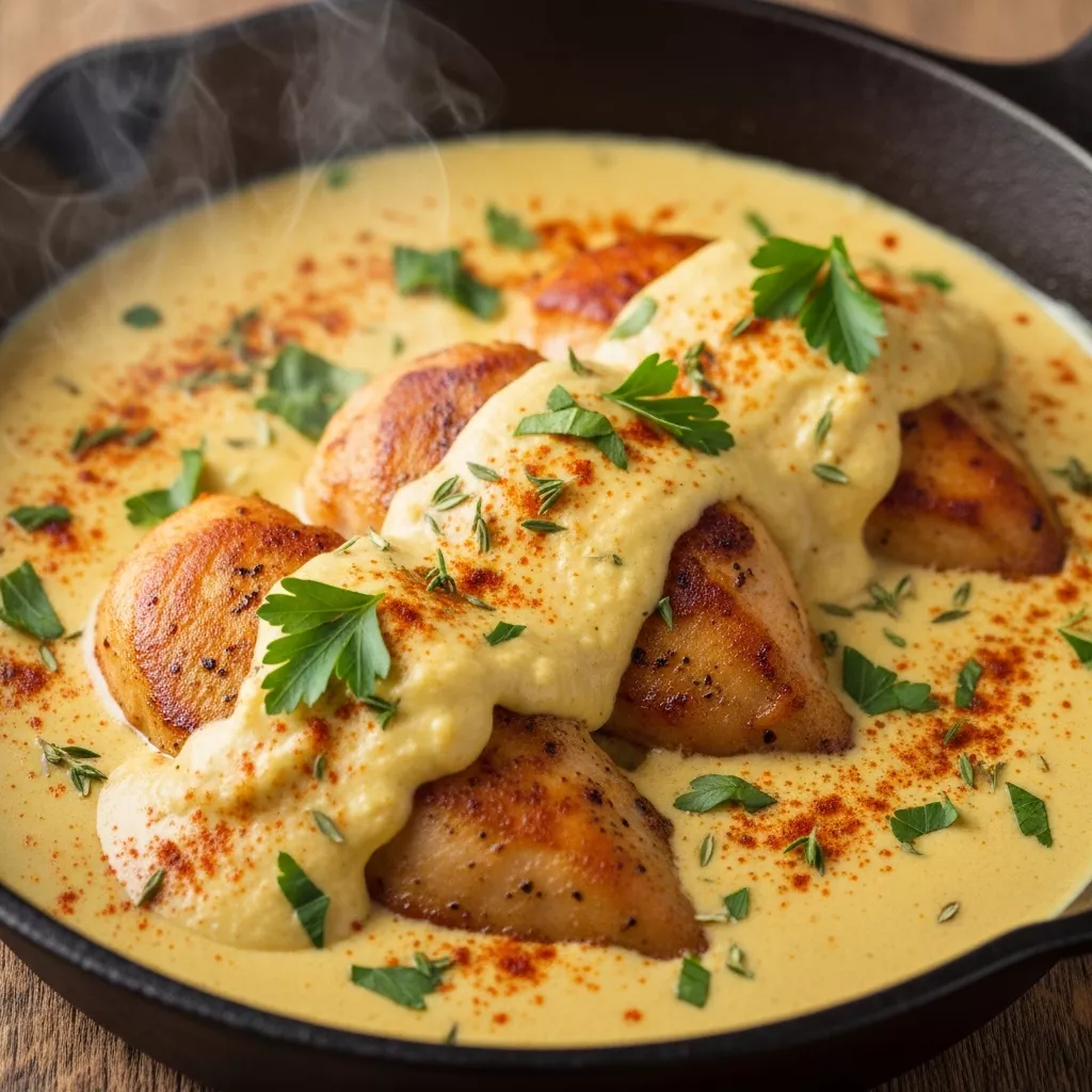 Macro close-up of golden skillet chicken with rich herb cream, garnished with fresh parsley in a cast iron skillet.