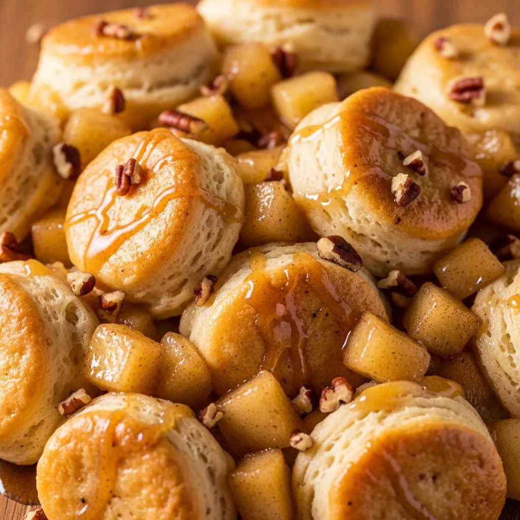 Macro close-up of Golden Spiced Apple Pull-Apart Delight, showing golden-brown biscuits, tender apples, and sticky caramel sauce with chopped pecans.