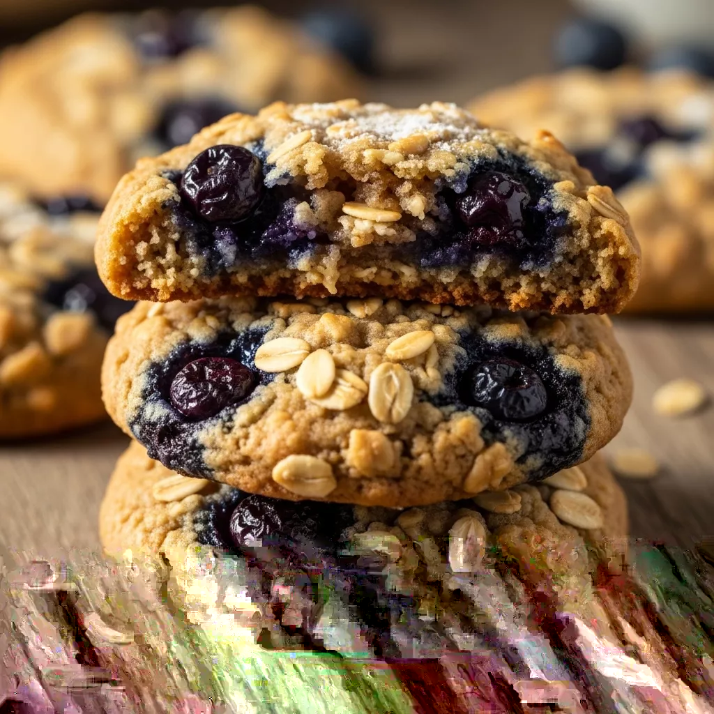 Close-up of Wholesome Berry Burst Oatmeal Cookies, revealing chewy texture and juicy blueberries.