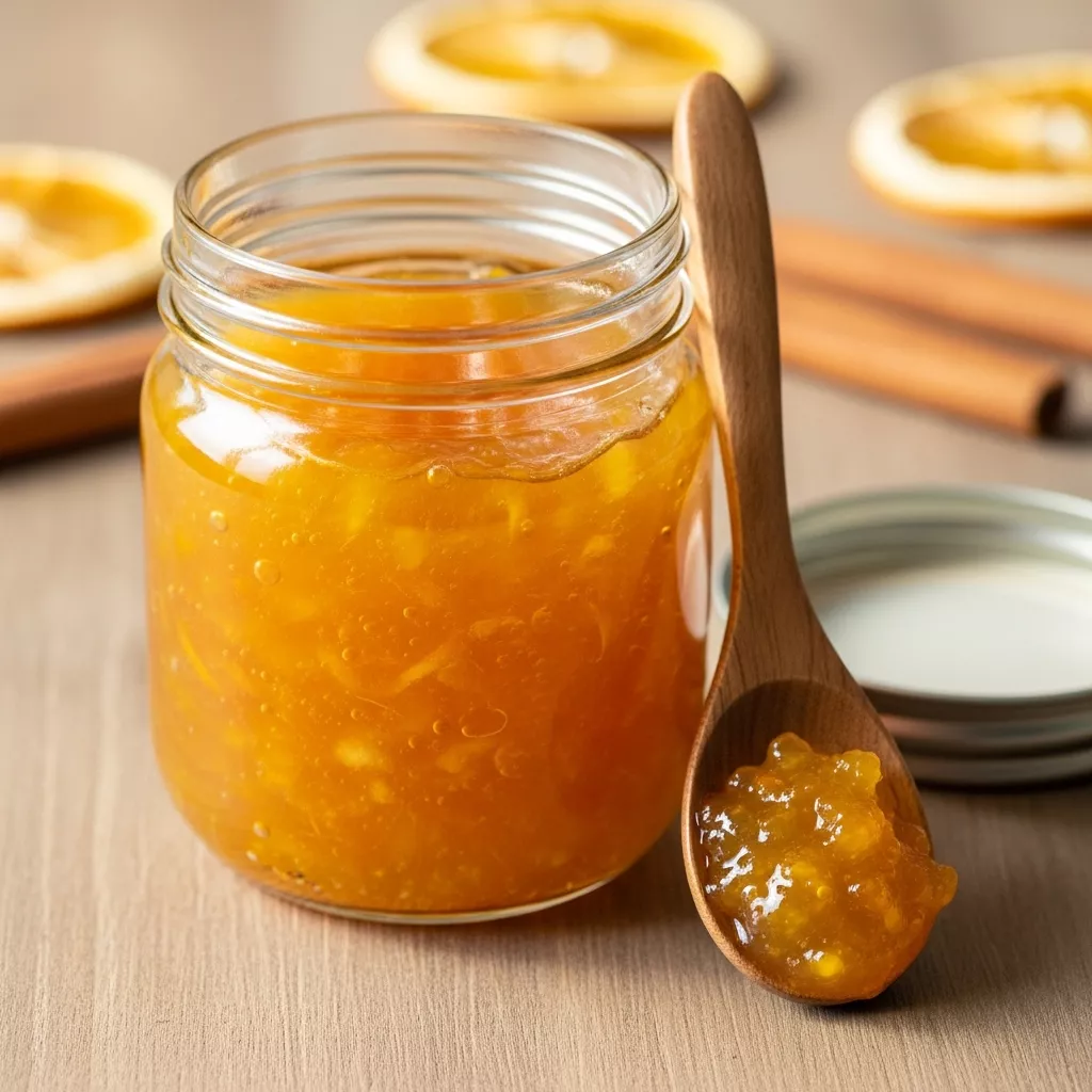 Macro close-up of glistening homemade orange Christmas jam in a half-pint canning jar, showing vibrant color and fruit texture.