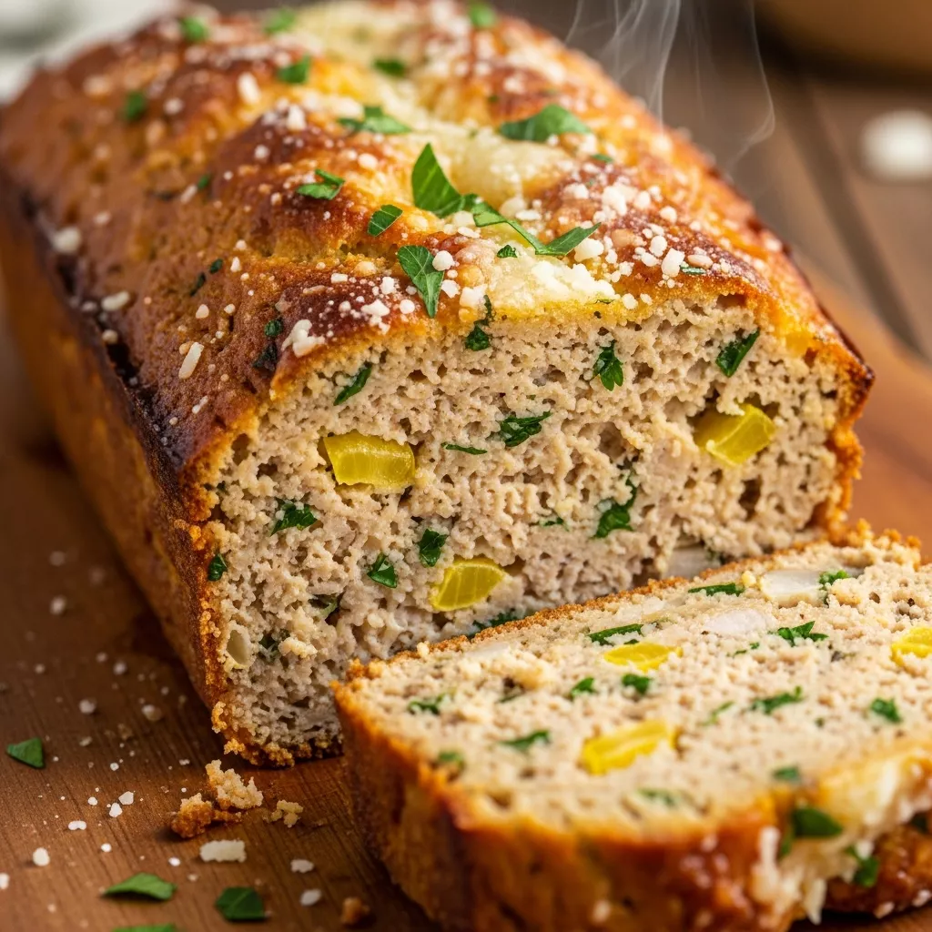 Macro close-up of Golden Parmesan Chicken Loaf with a slice cut, showing moist, cheesy interior and golden-brown crust.