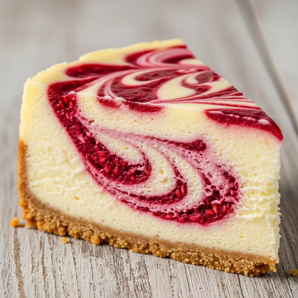 Macro close-up of a slice of Velvet Dream White Chocolate Raspberry Swirl Cheesecake showing vibrant red raspberry swirls, creamy white filling, and a golden graham cracker crust.