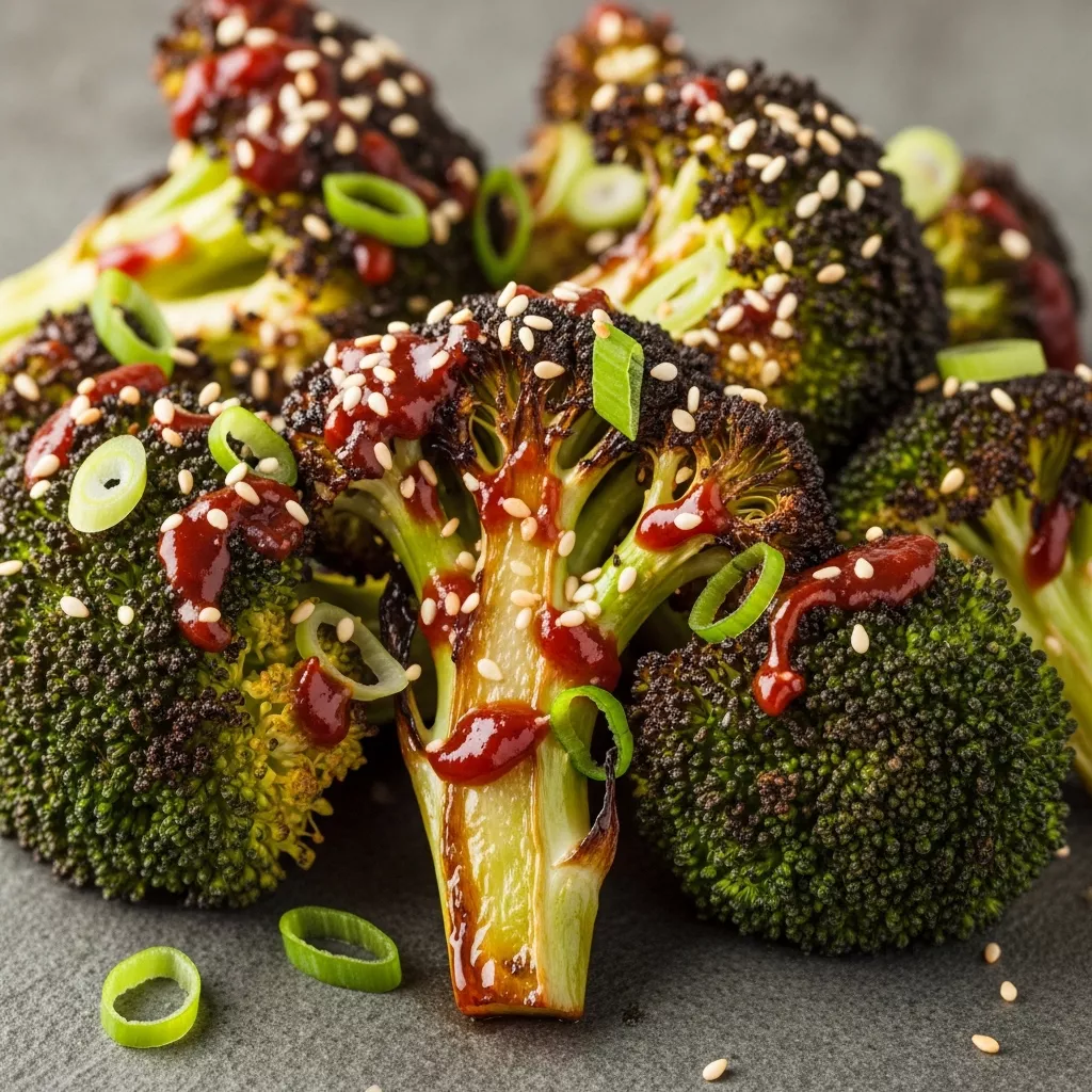 Macro close-up of vibrant Zesty Gochujang Roasted Broccoli, caramelized with sticky Korean chili glaze, garnished with sesame seeds and green onions.
