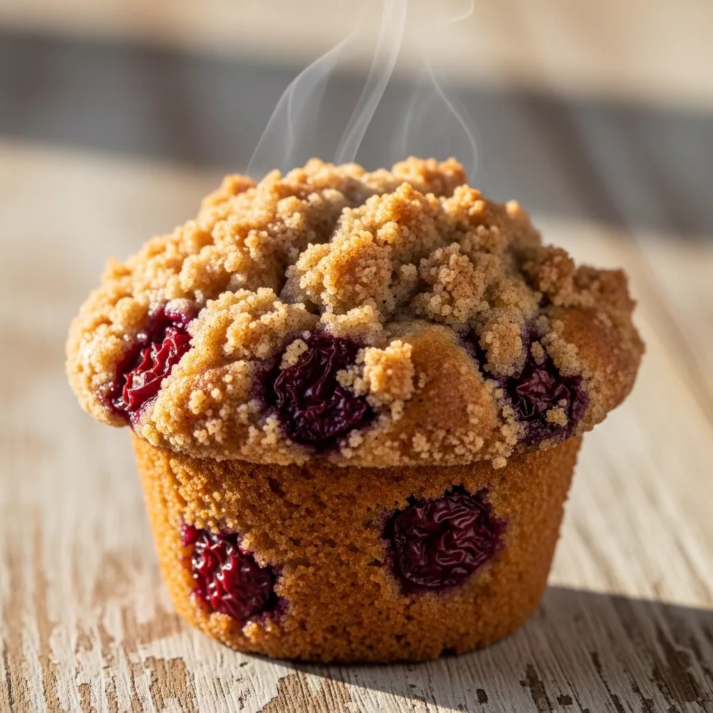 Close-up of a warm cherry cobbler crumb muffin with streusel topping and visible cherry pieces on a rustic wooden surface.