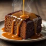 A close-up of Gordon's Legendary Sticky Toffee Pudding, drenched in rich toffee sauce on a rustic plate.