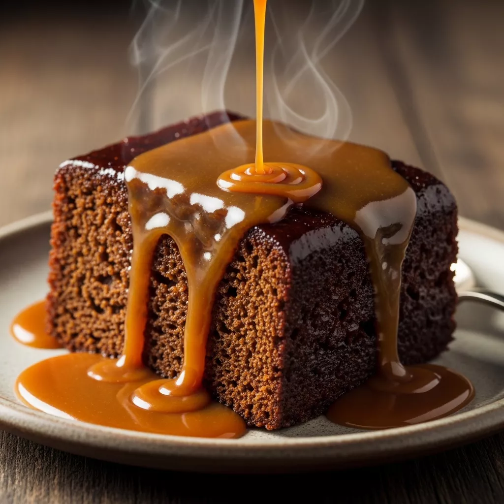 A close-up of Gordon's Legendary Sticky Toffee Pudding, drenched in rich toffee sauce on a rustic plate.