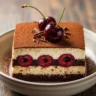 A close-up of a luxurious slice of Velvet Black Forest Tiramisu, showing its distinct layers of creamy mascarpone, chocolate-soaked ladyfingers, and cherries, dusted with cocoa and garnished with fresh cherries and chocolate shavings.