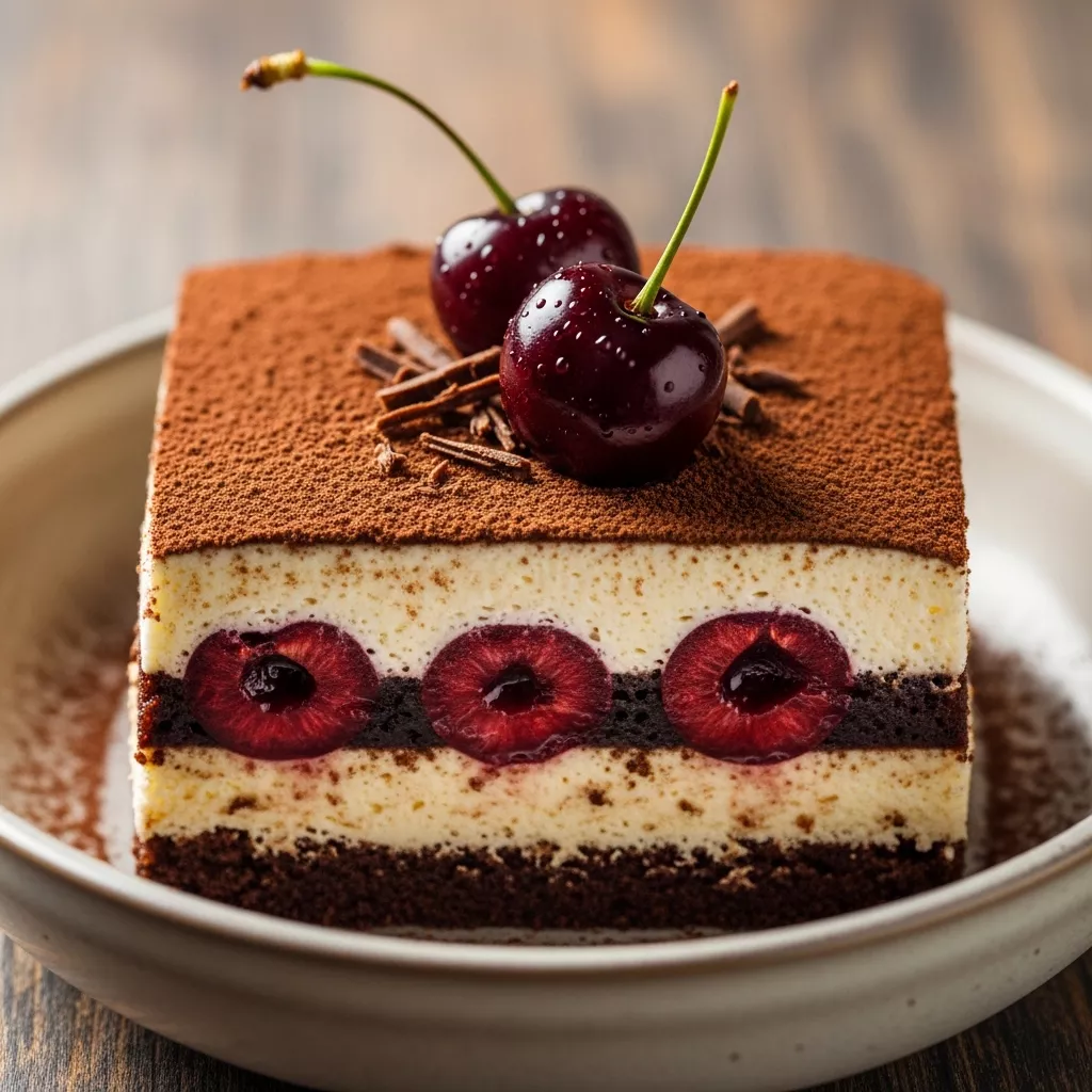 A close-up of a luxurious slice of Velvet Black Forest Tiramisu, showing its distinct layers of creamy mascarpone, chocolate-soaked ladyfingers, and cherries, dusted with cocoa and garnished with fresh cherries and chocolate shavings.