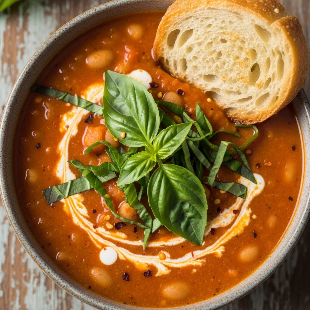 Velvety Vegan Tomato Cannellini Soup in a rustic bowl with fresh basil and crusty bread.