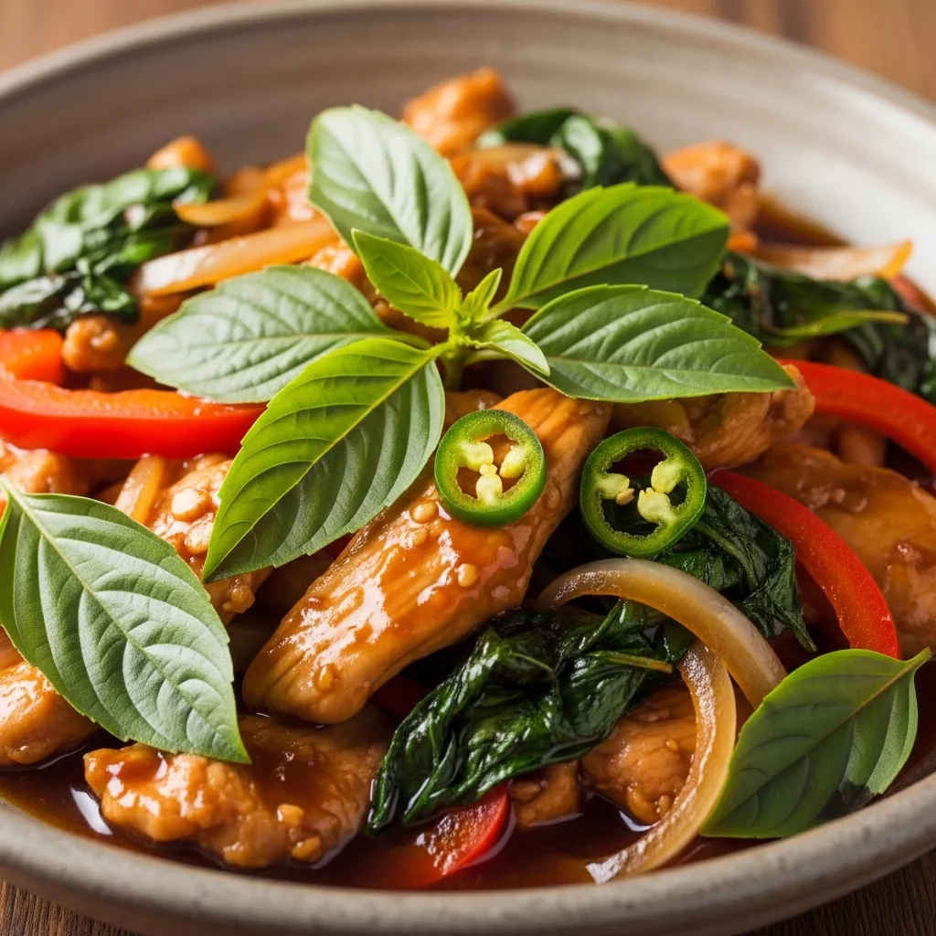 Macro close-up of vibrant Thai Basil Chicken Stir-Fry with tender chicken, red bell peppers, onions, and fresh basil in a glossy sauce, on a rustic dark wood surface.