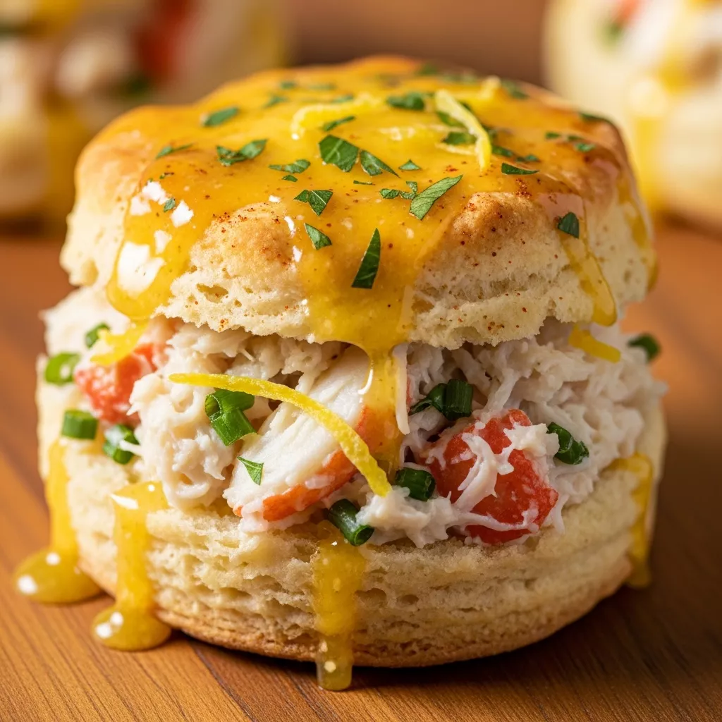 Macro close-up of a golden crab-stuffed cheddar bay biscuit with lemon-herb butter glaze.