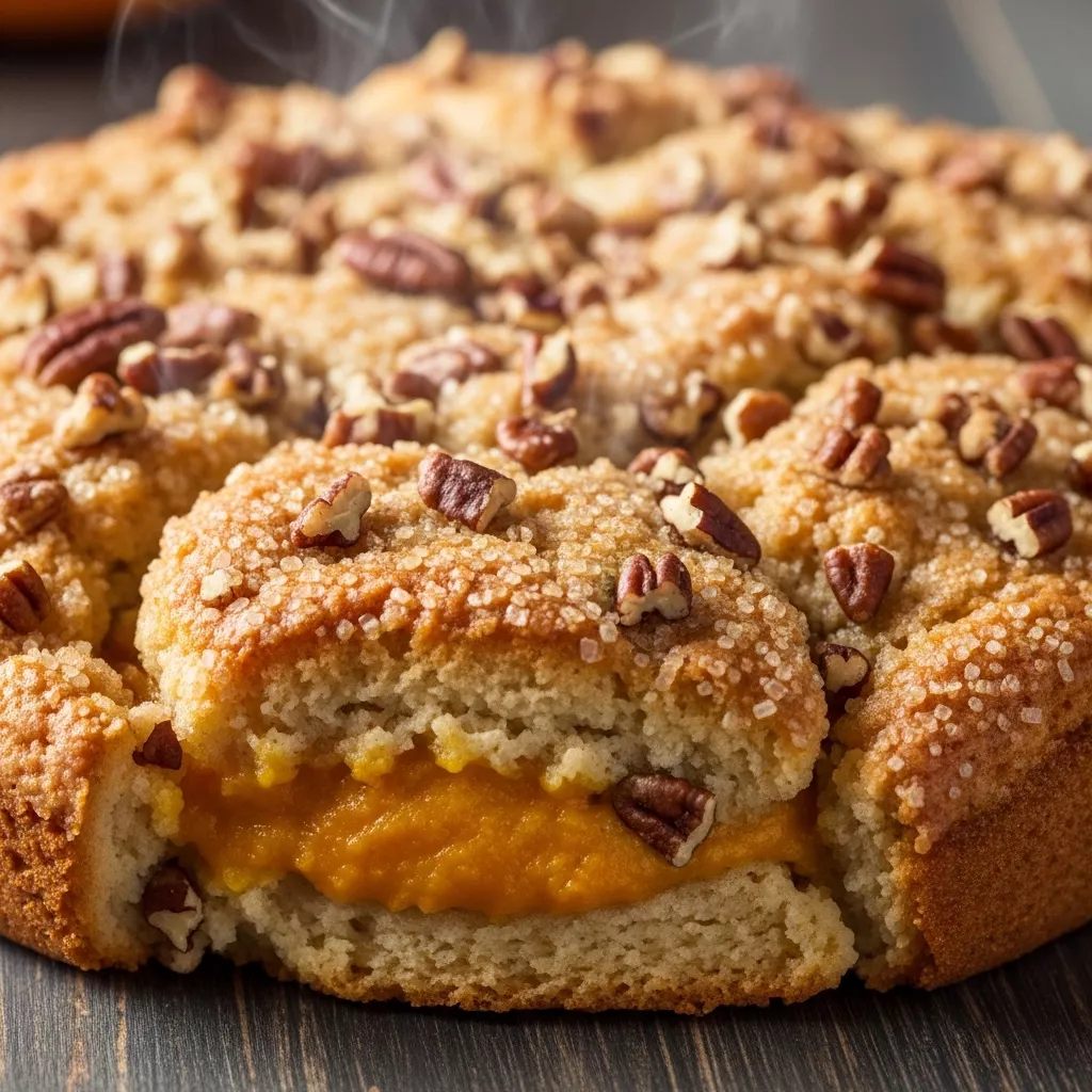 Macro close-up of warm Golden Harvest Pumpkin Pecan Cobbler with a golden-brown biscuit topping, visible toasted pecans, and a sparkling turbinado sugar crust, served on a rustic wooden surface.