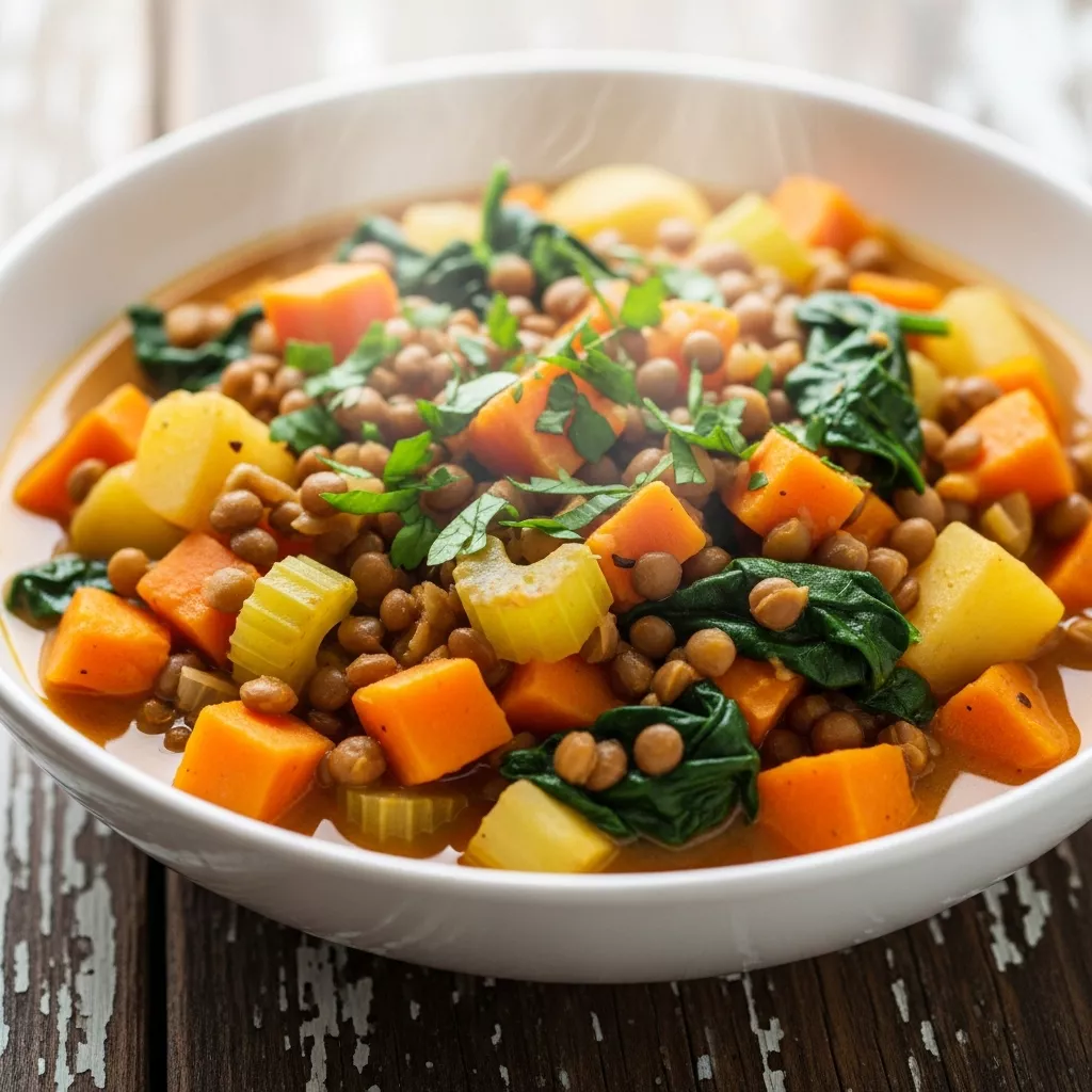 Macro close-up of Soul-Satisfying Golden Root & Lentil Stew in a rustic bowl, garnished with fresh parsley, on a distressed wooden table.