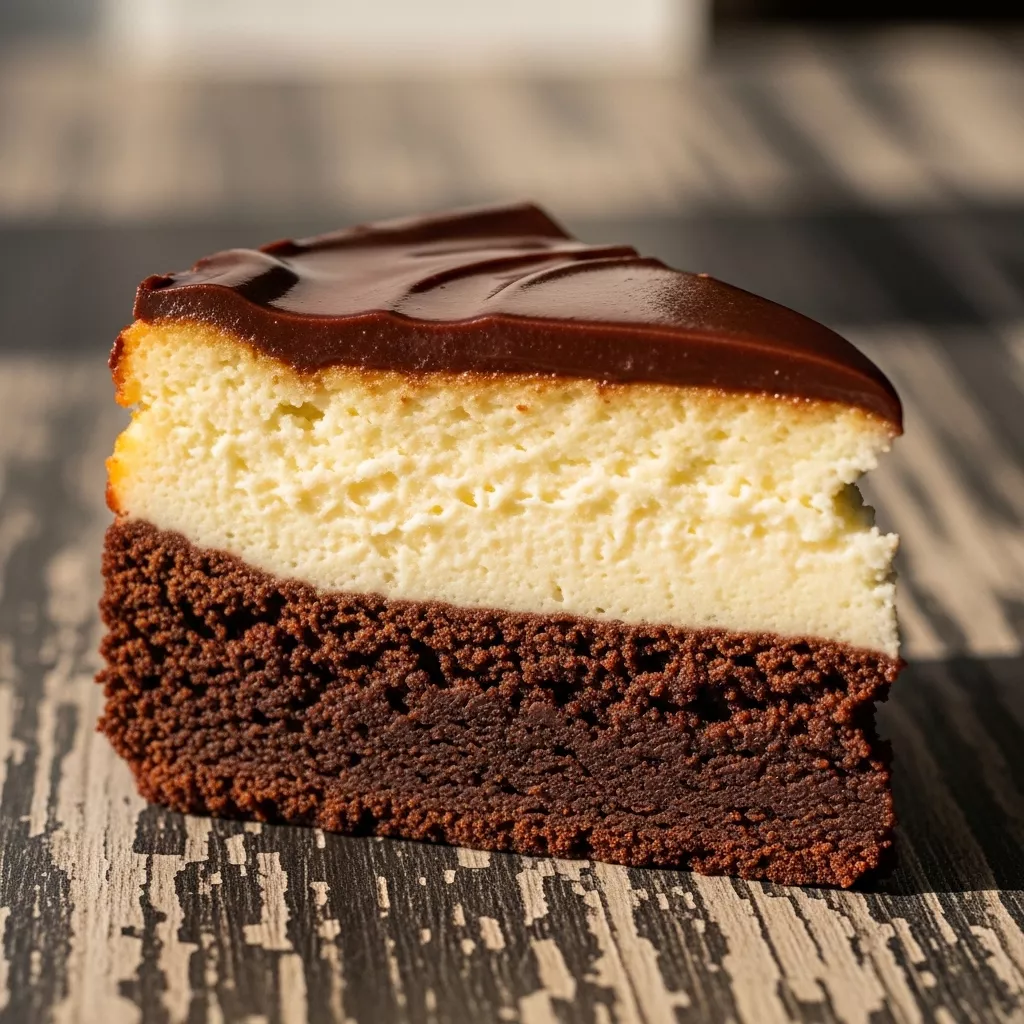 Macro close-up of a slice of Decadent Double-Layer Dream Brownie Cheesecake with fudgy brownie, creamy cheesecake, and glossy ganache.