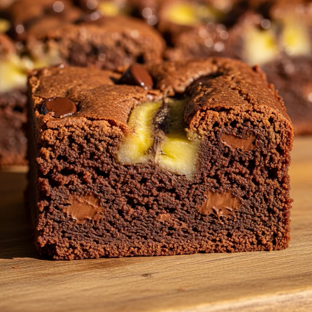 Close-up of a fudgy banana bread brownie slice with a crackled top and melted chocolate chips on a wooden surface.