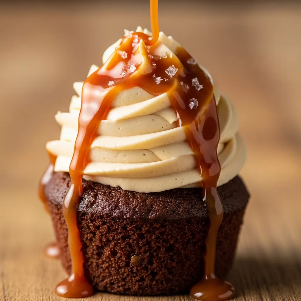 Macro close-up of a decadent Mary Berry Sticky Toffee Cupcake with caramel buttercream and toffee sauce