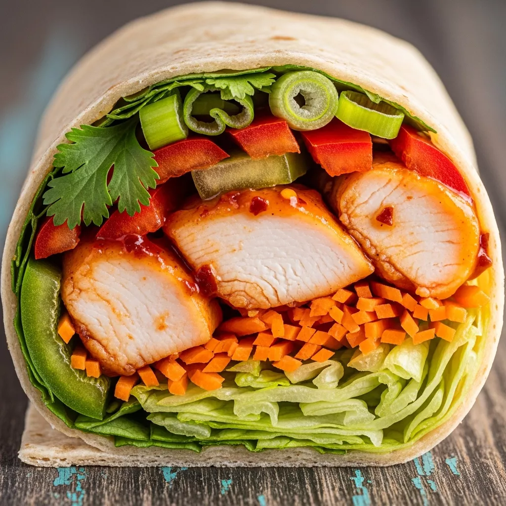 Close-up of a Quick & Zesty Sweet Chili Chicken Power Wrap, cut in half to show succulent chicken, crisp vegetables, and glossy sweet chili glaze wrapped in a tortilla on a rustic wooden surface.