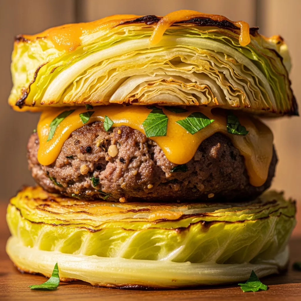 Stack of golden baked cabbage and beef patties with melted cheddar cheese on a rustic wooden board.