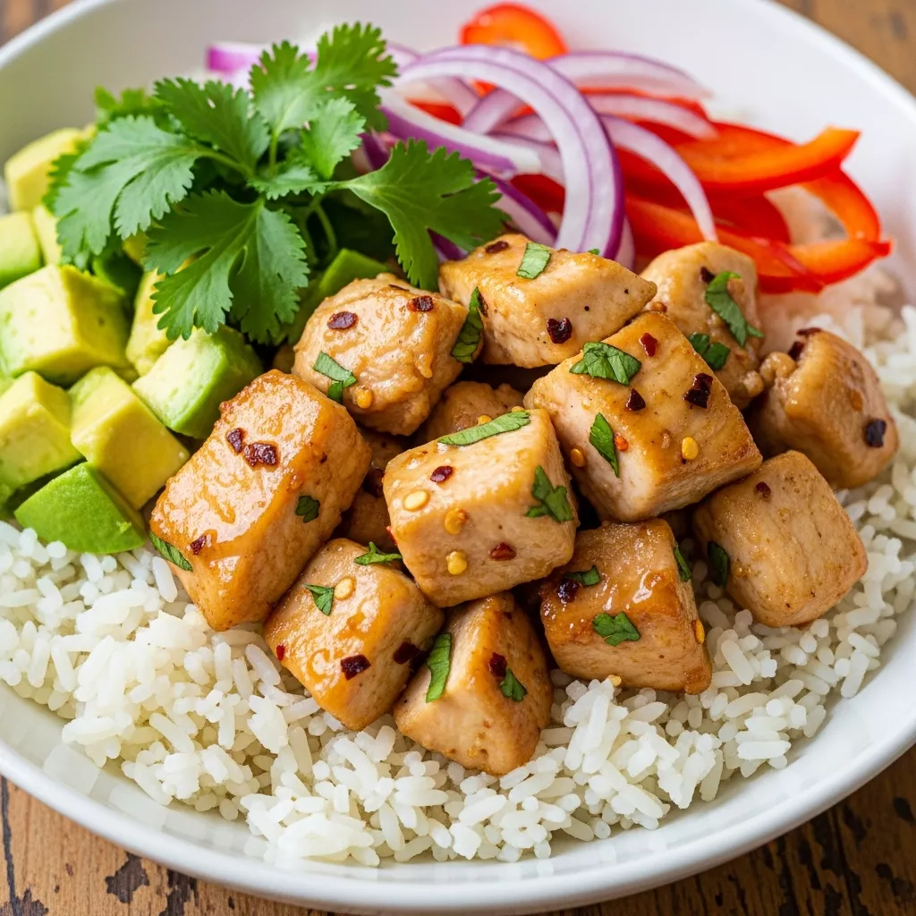 Vibrant Honey Lime Chicken Avocado Rice Bowl meal prep with glazed chicken, rice, avocado, and fresh vegetables