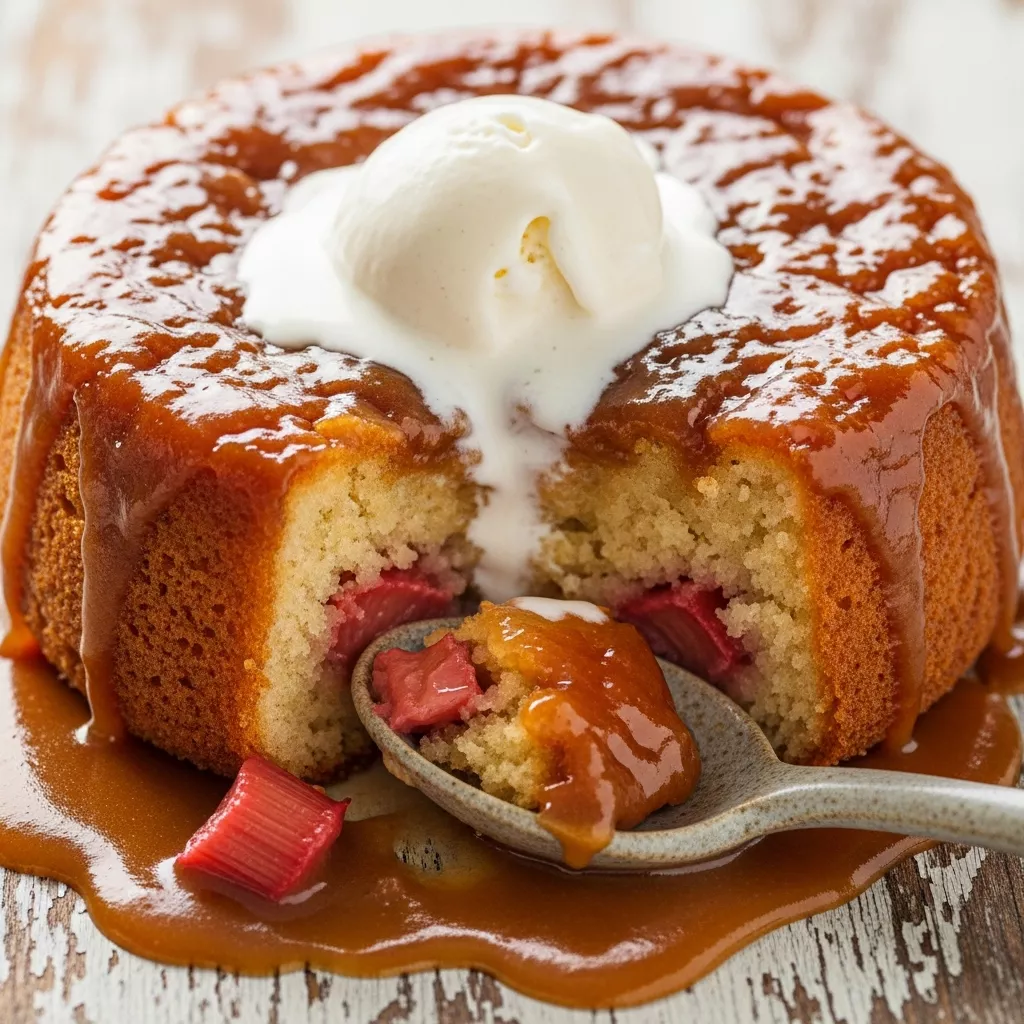 Macro close-up of golden rhubarb sticky pudding with melting vanilla ice cream, drenched in caramel sauce in a rustic dish.