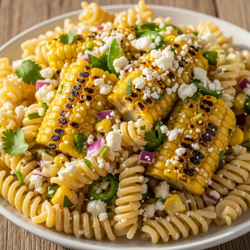 Macro close-up of Zesty Fiesta Mexican Street Corn Pasta Salad with charred corn, cotija cheese, cilantro, and creamy dressing.