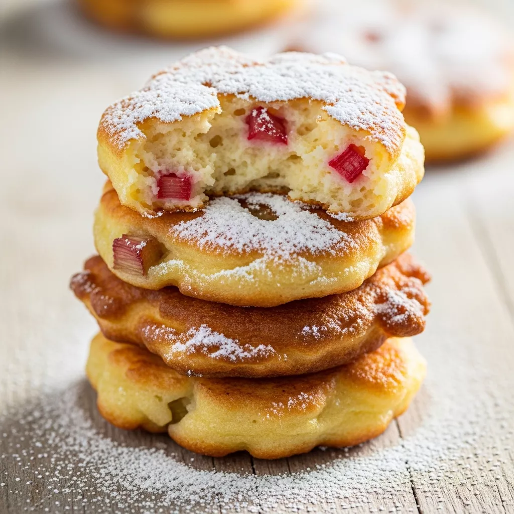 Macro close-up of crispy golden rhubarb fritters dusted with powdered sugar on a rustic wooden board, showing a soft interior with diced rhubarb.