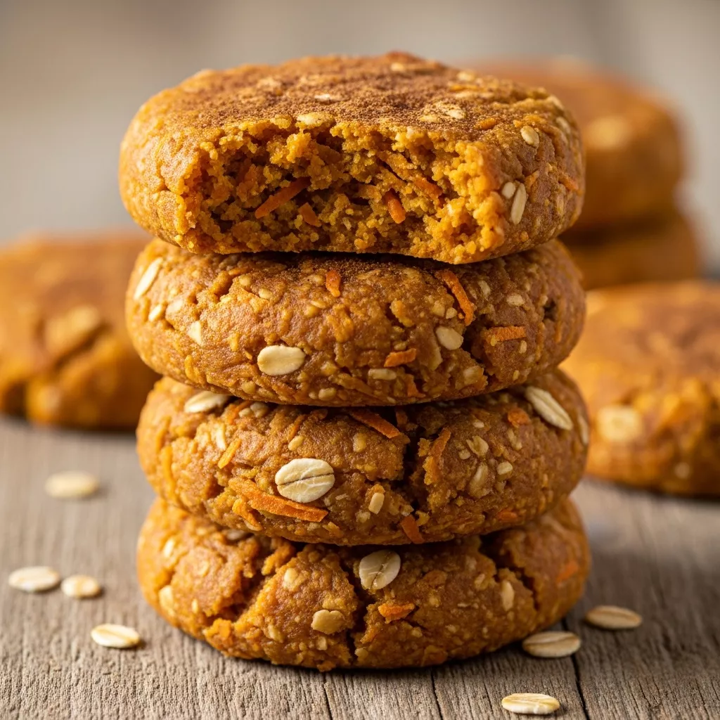 Macro close-up of Nourishing Autumn Glow Carrot Pumpkin Chews on a rustic wooden board, showing soft texture and warming spices.