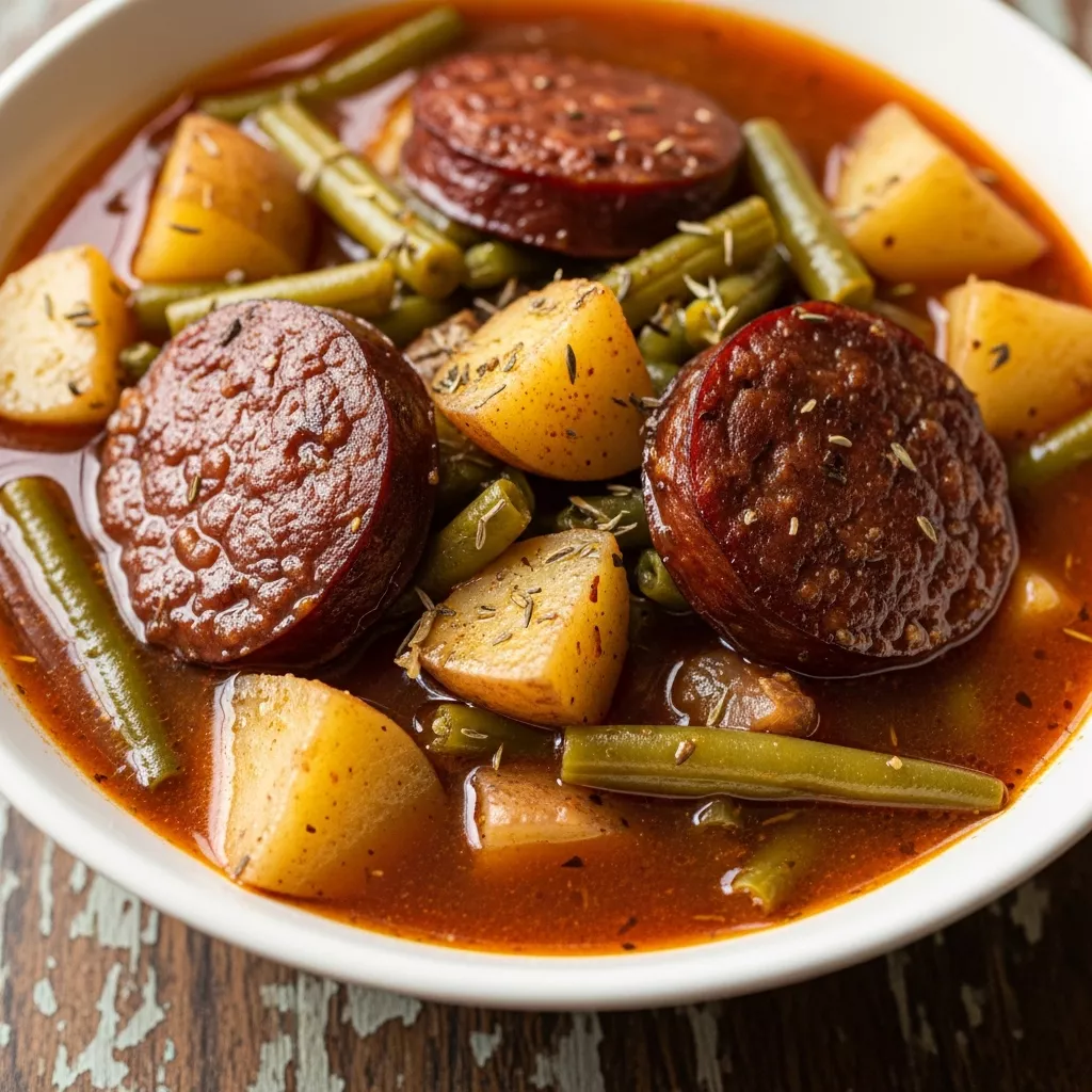Macro close-up of homestyle beef sausage and veggie crockpot dinner with potatoes, green beans, and rich sauce in a rustic bowl.