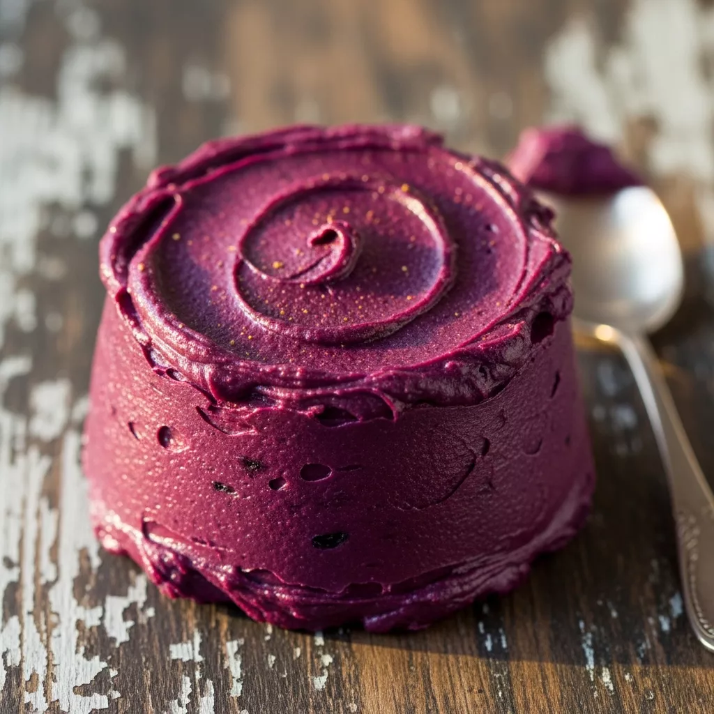 Macro close-up of rich, velvety slow cooker blueberry butter with a glossy sheen on a rustic wooden surface, highlighting its smooth texture and deep purple color.