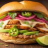 A close-up of a generously filled Mexican Street-Style Chicken Torta with melted cheese, avocado, and pickled onions on a toasted bolillo roll.