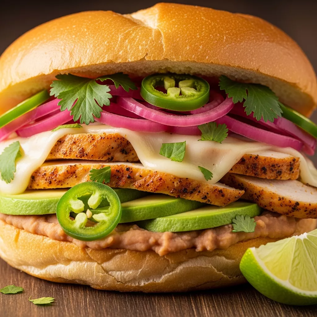 A close-up of a generously filled Mexican Street-Style Chicken Torta with melted cheese, avocado, and pickled onions on a toasted bolillo roll.