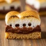 Macro close-up of a Golden Graham Gooey S'mores Cracker Cookie bar with melted chocolate and perfectly toasted marshmallow on a rustic wood surface.