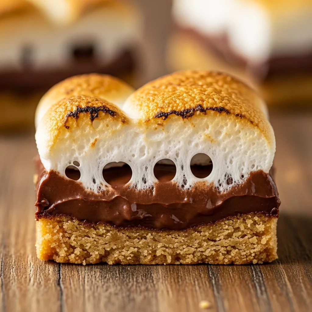 Macro close-up of a Golden Graham Gooey S'mores Cracker Cookie bar with melted chocolate and perfectly toasted marshmallow on a rustic wood surface.