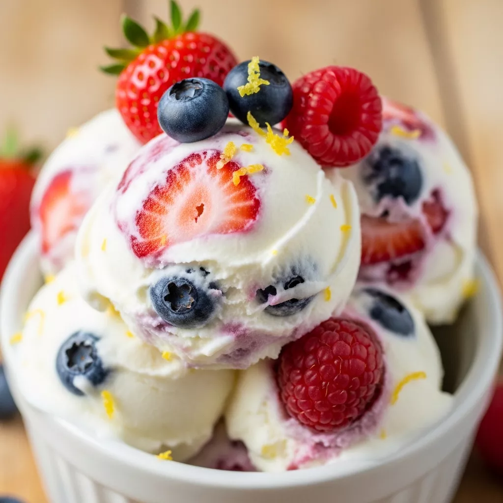 Macro close-up of creamy homemade Velvet Swirl No-Churn Frozen Greek Yogurt with fresh berry swirls and lemon zest in a bowl.