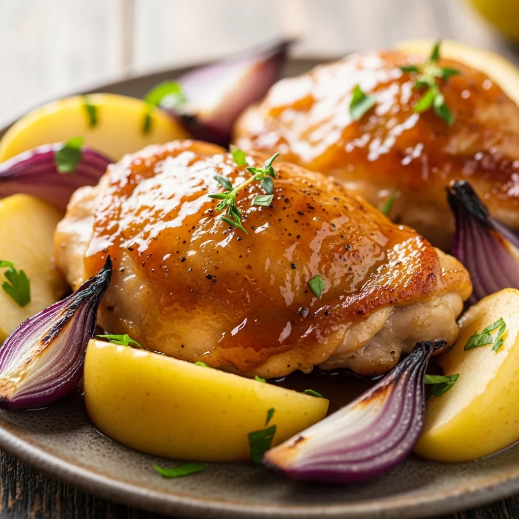 Close-up of Golden Maple Apple Chicken with caramelized apples and onions, garnished with fresh herbs.