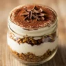 Delicious Velvet Tiramisu Protein Oats in a clear jar, topped with cocoa powder and dark chocolate shavings, resting on a rustic wooden surface.
