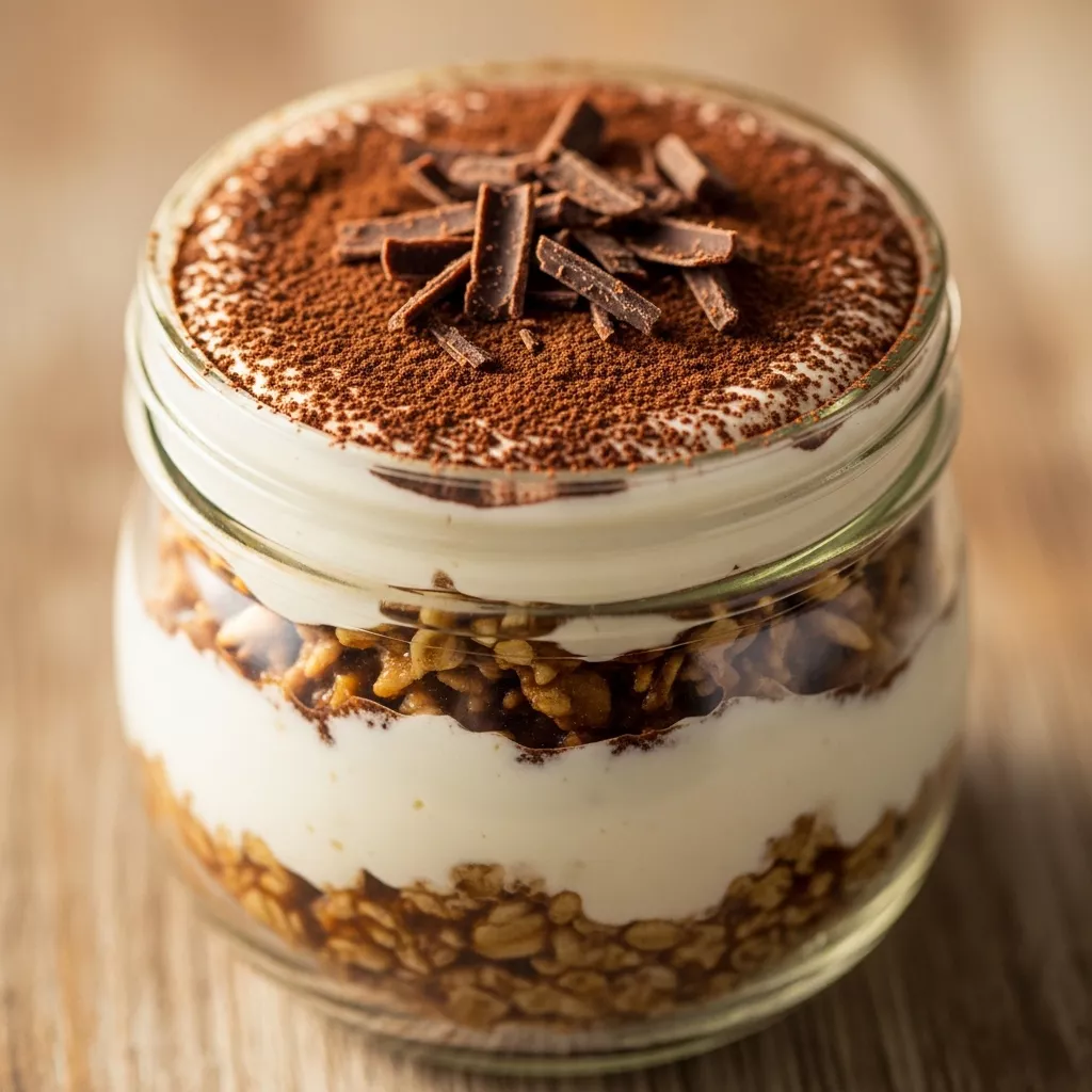 Delicious Velvet Tiramisu Protein Oats in a clear jar, topped with cocoa powder and dark chocolate shavings, resting on a rustic wooden surface.