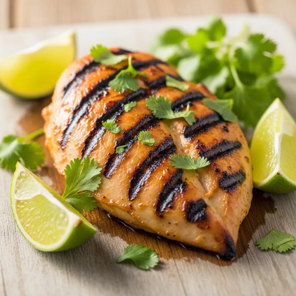 Macro close-up of tender Sunshine Citrus Grilled Chicken with grill marks, fresh cilantro, and lime wedges on a rustic wooden board.
