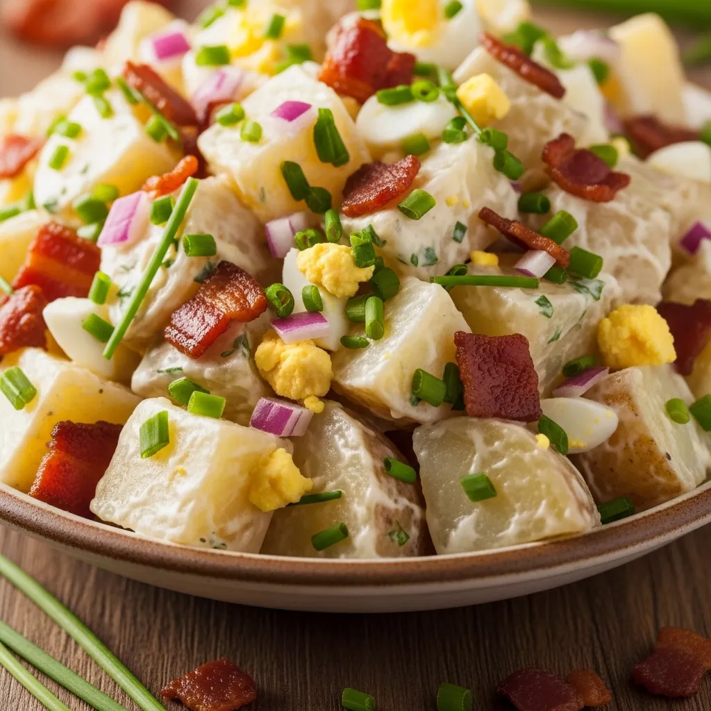 Macro close-up of creamy loaded steakhouse potato salad with crispy beef turkey bacon, fresh chives, and red onion in a rustic bowl.